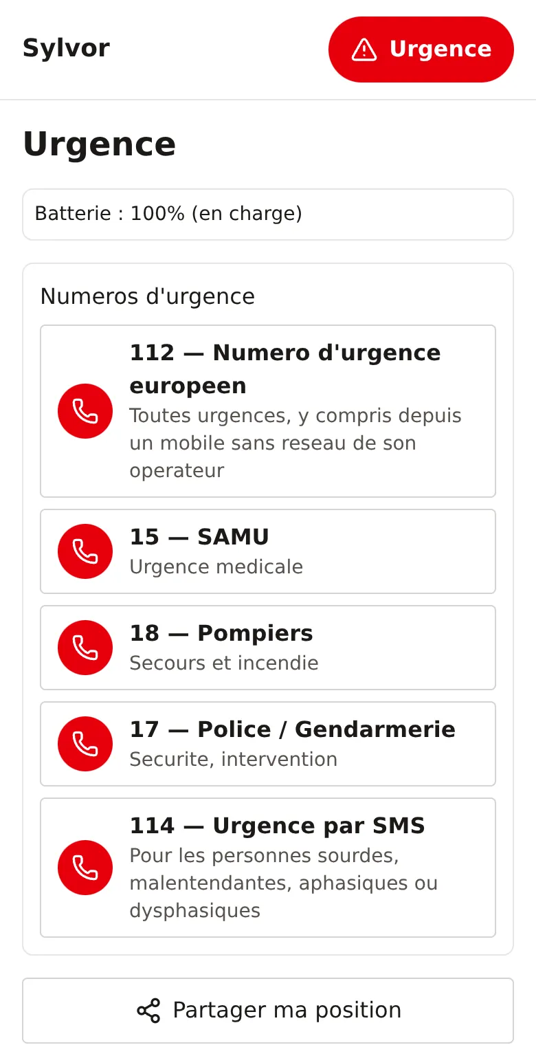 Écran Urgence : numéros 112, 15, 18, 17 et 114 en appel direct, bouton Partager ma position.